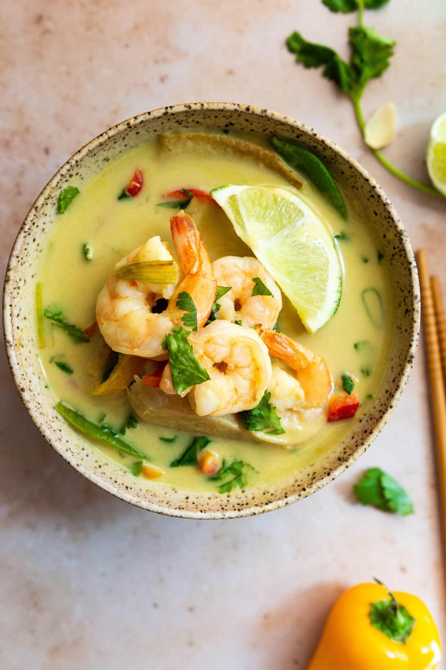 Green Coconut Curry Soup with Shrimp and Garnishes