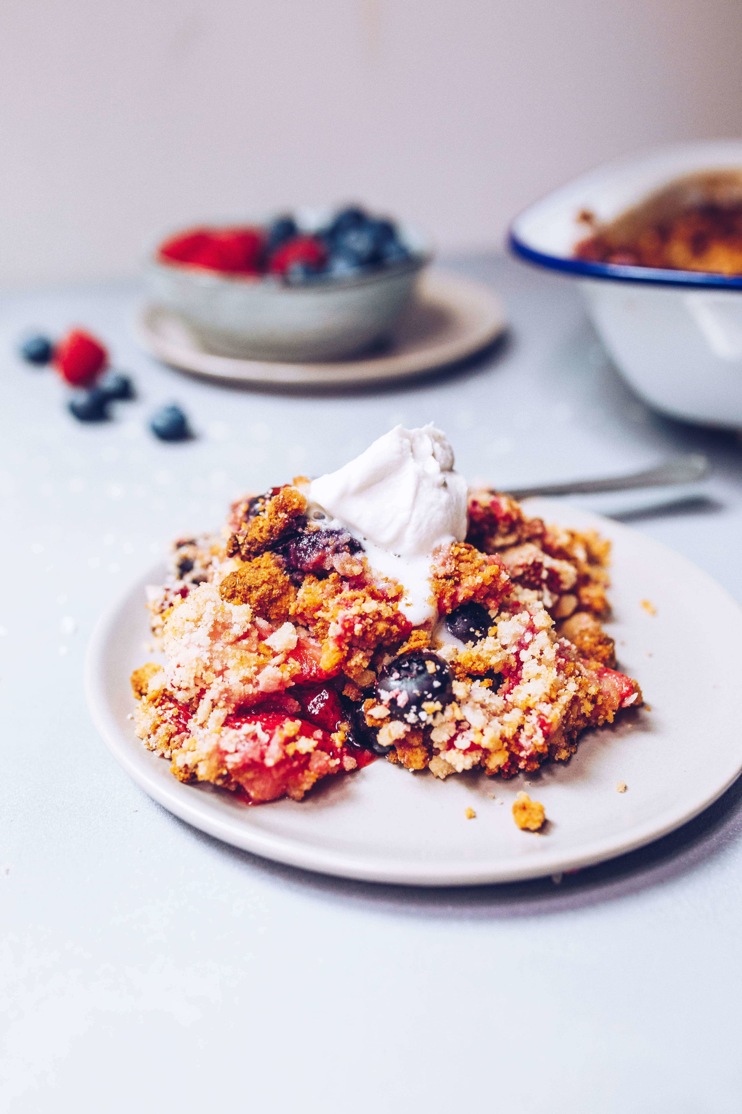 Fruit Crisp (Paleo, AIP, Vegan) on a white plate as a part of this gluten-free flours roundup