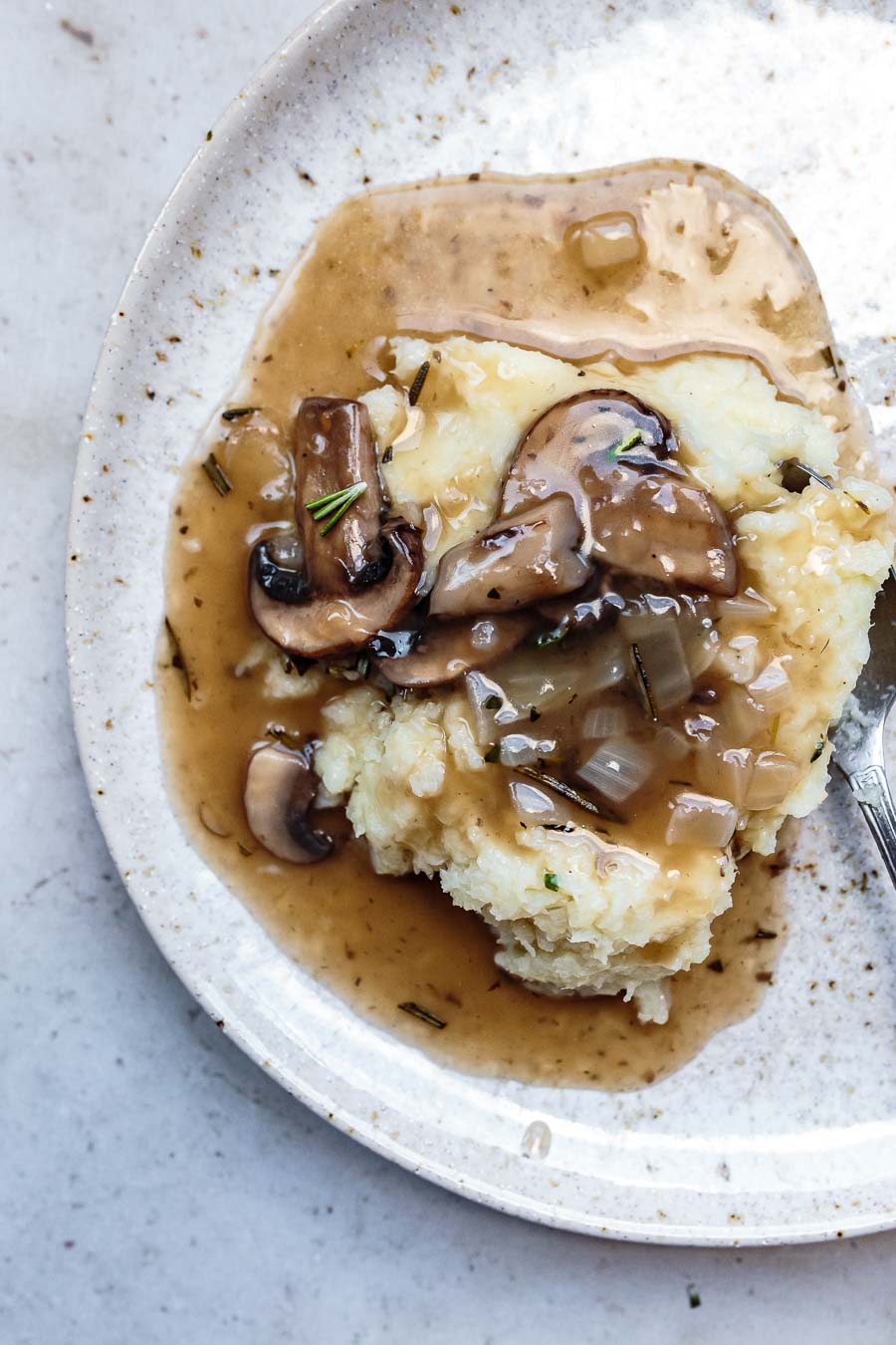 homemade herbed mushroom gravy over mashed cauliflower