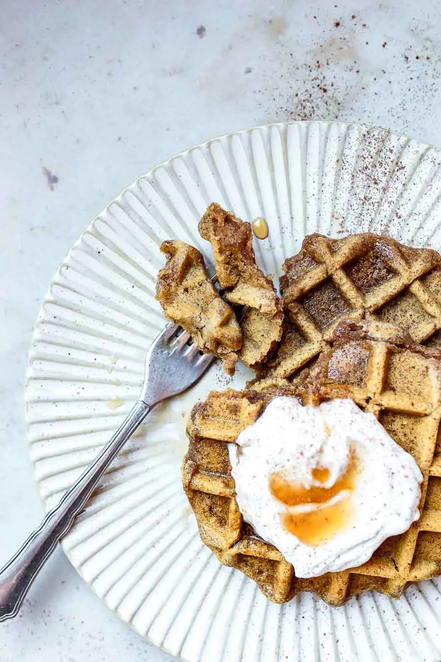 AIP Breakfast Waffles on a plate dusted with cinnamon and made with cassava flour and tigernut flour as a part of this gluten-free flours roundup