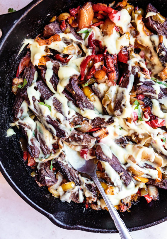 30-minute dairy-free philly cheesesteak in a cast iron