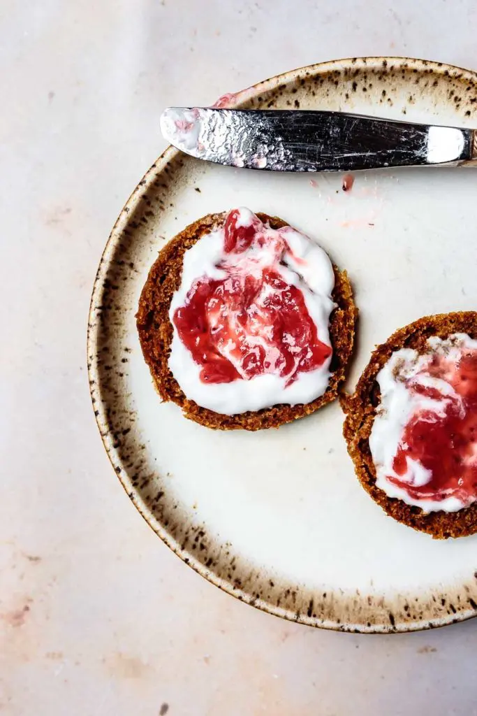 AIP English Muffin with coconut yogurt and strawberry jam