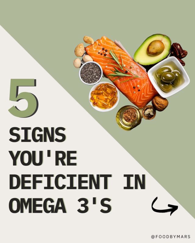 👮🏻5 SIGNS YOU’RE DEFICIENT IN OMEGA 3’s (one of the 3 essential fatty acids)💥⁣⠀⠀⠀⠀⠀⠀⠀⠀⠀
⠀⠀⠀⠀⠀⠀⠀⠀⠀
Did you know that Omega-3 (anti-inflammatory fats) consumption is super low in the standard American diet? Especially when compared to the consumption of Omega-6 (inflammatory) fatty acids. We're talking like a 15:1 ratio. 🤯
⠀⠀⠀⠀⠀⠀⠀⠀⠀
Given that Omega-6 fatty acids have been shown to increase inflammation this is NOT good. Even worse, symptoms of omega-3 deficiency often go unnoticed or are not taken seriously. These include: 
⠀⠀⠀⠀⠀⠀⠀⠀⠀
1. Inflammation (pain, stiffness, joint/muscle pain)
2. Digestive Issues
3. Mood swings and Disorders
4. Allergies, Asthma, Hives
5. Hair, Nail, Skin issues (rashes eczema, brittle hair & nails)
⠀⠀⠀⠀⠀⠀⠀⠀⠀
Luckily, we can easily include omega-3s in our diet! In fact, one of THE BEST 🐟 sources are fish and seafood like: 
⠀⠀⠀⠀⠀⠀⠀⠀⠀
-Wild Salmon
-Sardines
-Anchovies
-Mackerel
-Halibut
-Tuna (Tongol or Skipjack or low in mercury)
⠀⠀⠀⠀⠀⠀⠀⠀⠀
Get in a few servings per week, and mix it up! 
⠀⠀⠀⠀⠀⠀⠀⠀⠀
💥Other sources include some seeds like flaxseed and chia and nuts like walnuts, pasture-raised egg yolks, and grass-fed and finished meat.⁣
⠀⠀⠀⠀⠀⠀⠀⠀⠀
Looking for more ways to incorporate omega-3's into yoru diet? Check out my meal plans for healthy recipes made simple and delicious! 👉 https://foodbymars.com/meal-plans/ 
⠀⠀⠀⠀⠀⠀⠀⠀⠀
#antiinflammatorydiet #hashimotos #pcosawareness #youdontlooksick #chronicillness #celiacdisease #thyroidwarrior #autoimmune #thyroidproblems #hormonebalance #guthealing #foodsensitivities