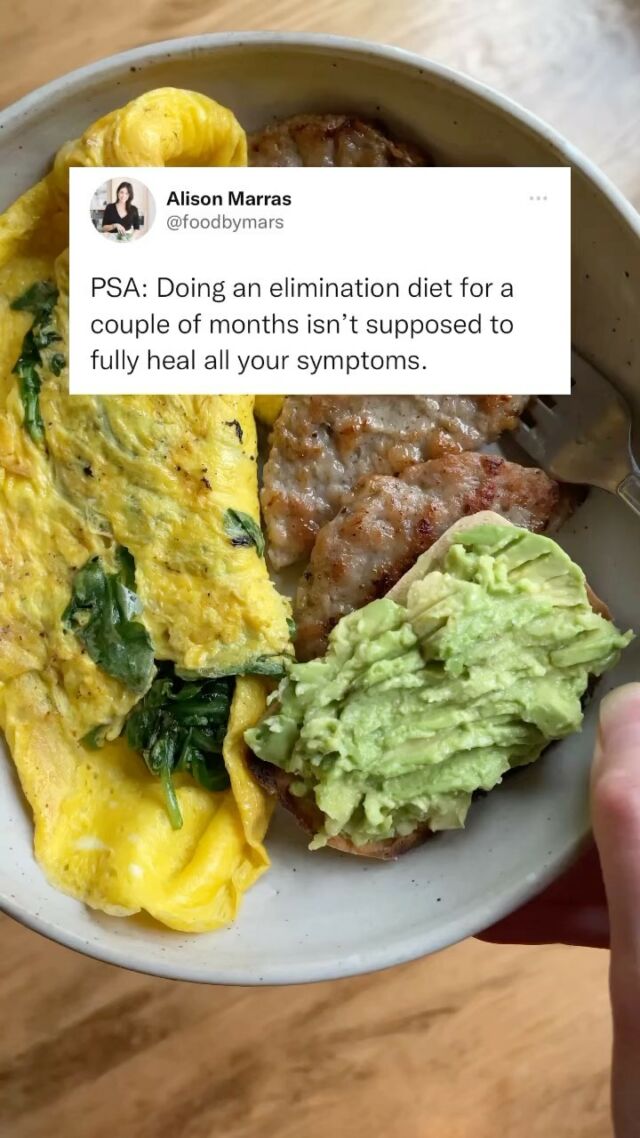 Elimination diets are tools to…
✌️ Manage symptoms 
✌️ Uncover foods you’re currently reacting to (triggers)
✌️ Give your system a break and support your body’s detox and digestion
✌️ Hopefully learn new ways of eating, new foods to try, and getting you to cook at home more!
✌️ Restore more nutrient balance as eating more while foods over processed will do

🚨 They’re NOT magic pills 🚨

…and it can’t completely address underlying root cause issues that were causing symptoms in the first place such as:

🚩Gut infections, overgrowths, parasites, etc.
🚩Digestive dysfunction like low/weak stomach acid, insufficient enzymes (though more protein WILL greatly help), etc.
🚩 Leaky gut conditions and dysbiosis
🚩Poor detox
🚩Blood sugar imbalances
…you get the idea!

Having a custom, bio-individual plan where diet is ONE piece that can fit in a sustainable way is the key 🔑

✨✨Need help with this so you can step off the elimination diet rollercoaster to see actual results and get your sanity back?🎢

✨👋DM me “ready” and let’s chat!✨

#lowfodmap #whole30 #aipdiet #hashimotos #ibs #sibo #autoimmuneprotocol #autoimmunedisease #pcosdiet