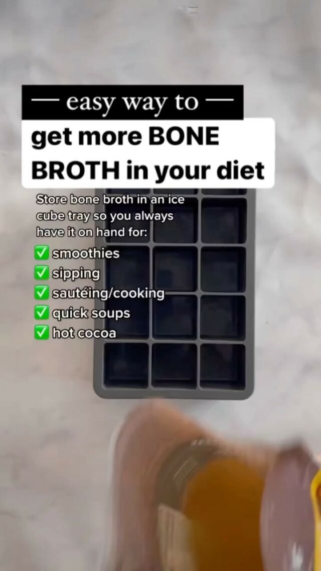 Let’s make bone broth easy and convenient so you always have some ready to go.👊

In reality, bone broth actually started out as one of the first “fast foods”… yup. 🤯🧐People would have a pot on the stove at all times, simmering, ready to serve up all day. They’d add food scraps as they went along. 

…Yet here we are struggling to get in one cup?! Not on my watch.

🧊This is my favorite hack… pour it in ice cube molds (silicon is best).

It’ll be ready to heat up and use in no time.

🍲Whether it’s homemade (recipe on my blog) or bought (love @bonafideprovisions brand)… incorporating bone broth regularly is a no-brainer for living a gut-healthy lifestyle 👏👏👏

Are you trying this?⬇️ …sharing is caring. Go tell a friend about this hack 🤙

#bonebroth #bonebrothdiet #bonebrothheals #guthealth #guthealing #ibs #sibo #aip #paleo #hashimotos #autoimmunedisease #nutritiontips