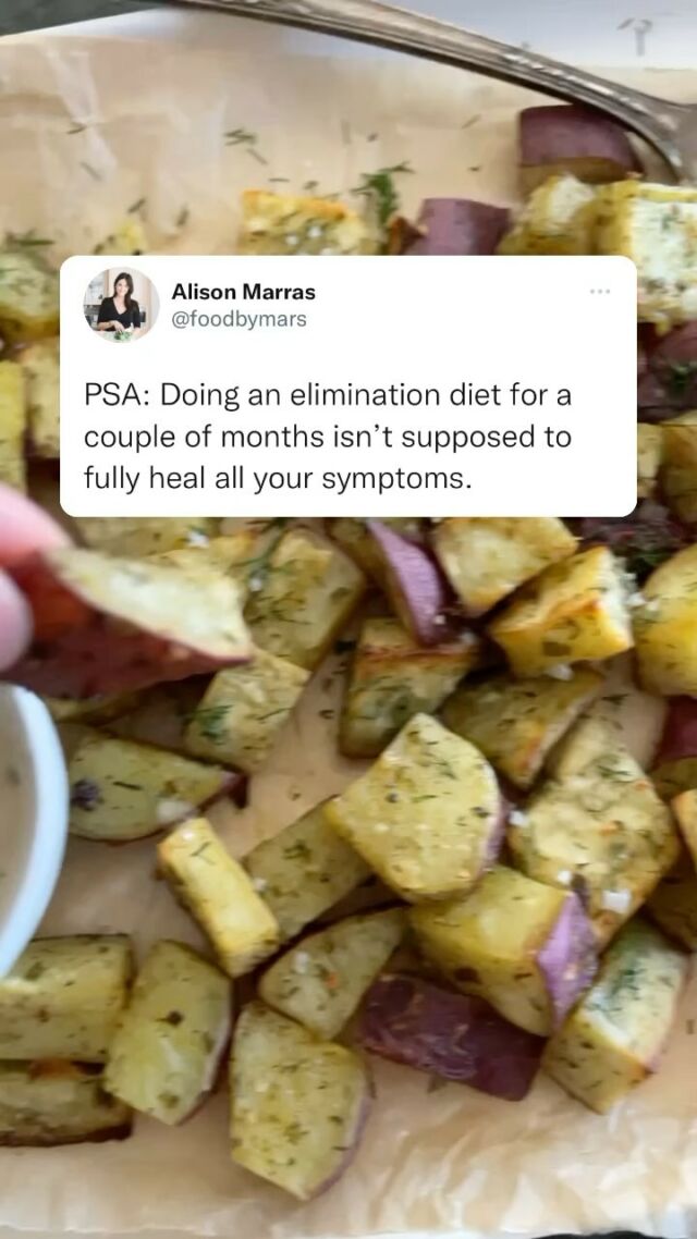 Elimination diets are tools to…
✌️ Manage symptoms 
✌️ Uncover foods you’re currently reacting to (triggers)
✌️ Give your system a break and support your body’s detox and digestion
✌️ Hopefully learn new ways of eating, new foods to try, and getting you to cook at home more!
✌️ Restore more nutrient balance as eating more while foods over processed will do

🚨 They’re NOT magic pills 🚨

…and it can’t completely address underlying root cause issues that were causing symptoms in the first place such as:

🚩Gut infections, overgrowths, parasites, etc.
🚩Digestive dysfunction like low/weak stomach acid, insufficient enzymes (though more protein WILL greatly help), etc.
🚩 Leaky gut conditions and dysbiosis
🚩Poor detox
🚩Blood sugar imbalances
…you get the idea!

Having a custom, bio-individual plan where diet is ONE piece that can fit in a sustainable way is the key 🔑

✨✨Need help with this so you can step off the elimination diet rollercoaster to see actual results and get your sanity back?🎢

✨👋Tap the link in bio to apply or DM me “READY” 😘

#lowfodmap #hashimotosdiet #aipdiet #hashimotos #ibs #sibo #autoimmuneprotocol #autoimmunedisease #pcosdiet